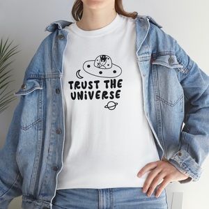 Trust The Universe Alien UFO Peace Sign Planet and Moon T Shirt - Black/White